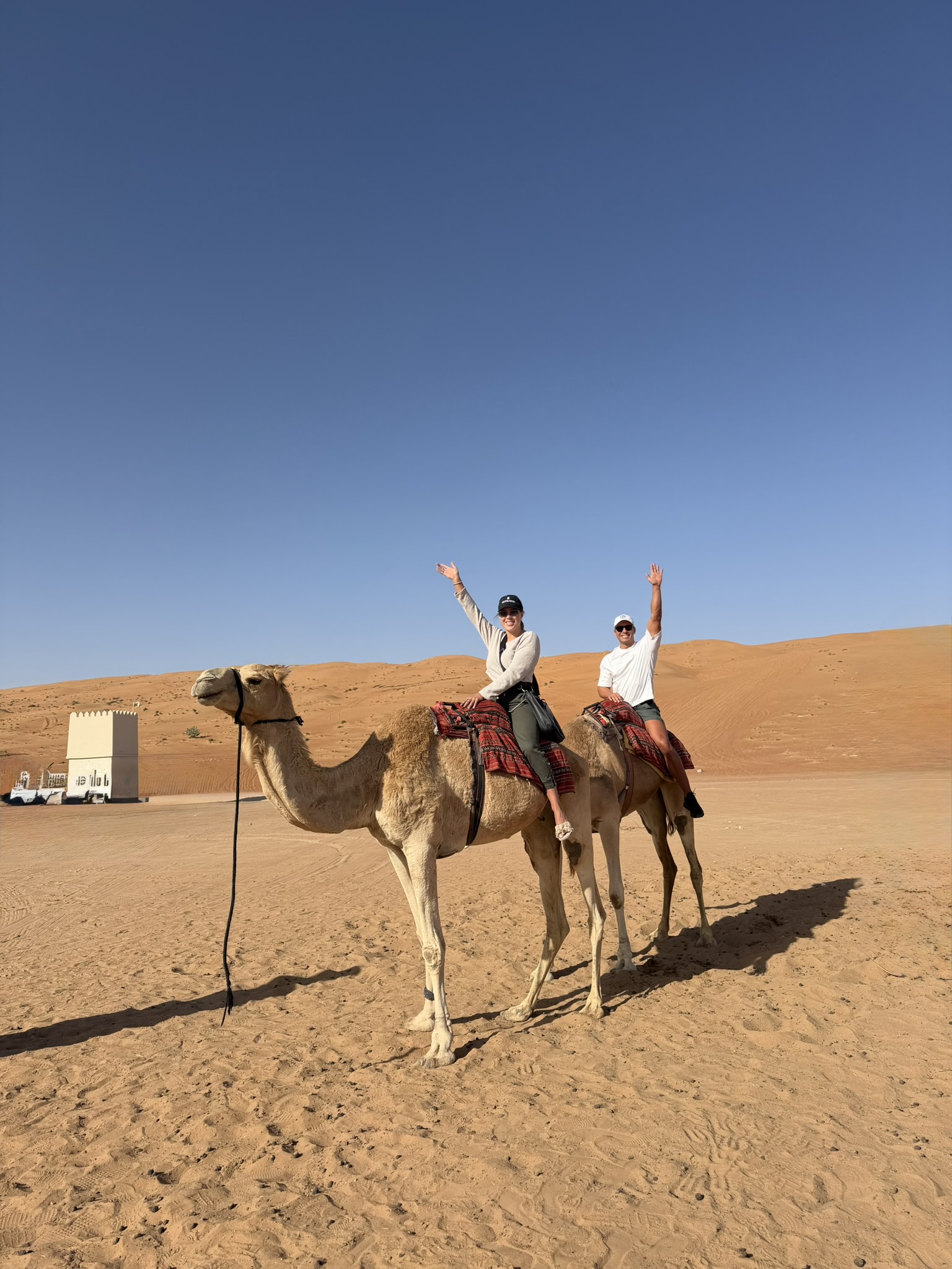 Waving from atop the camels